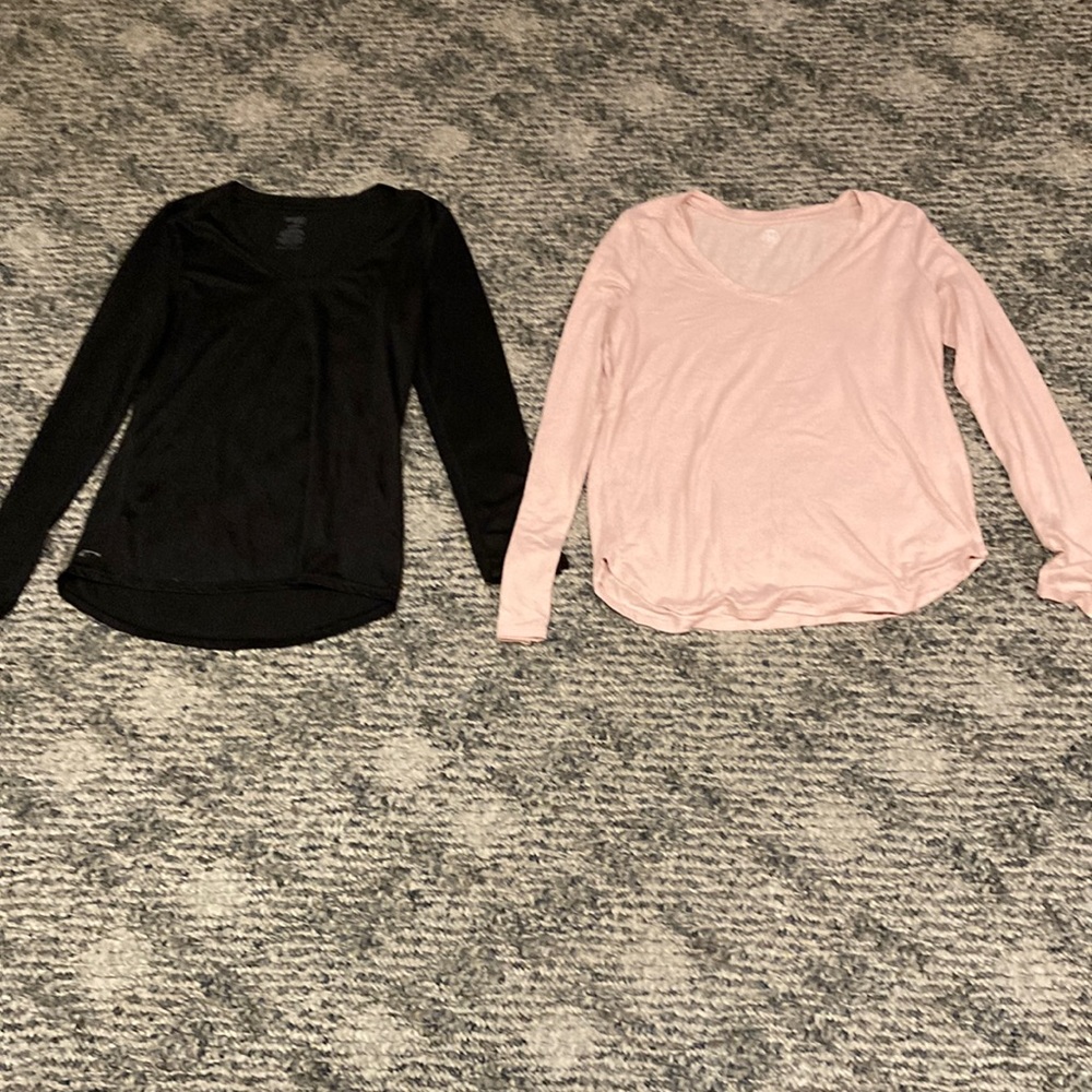 Women’s long sleeve shirts, set of two, black and light pink, size small.